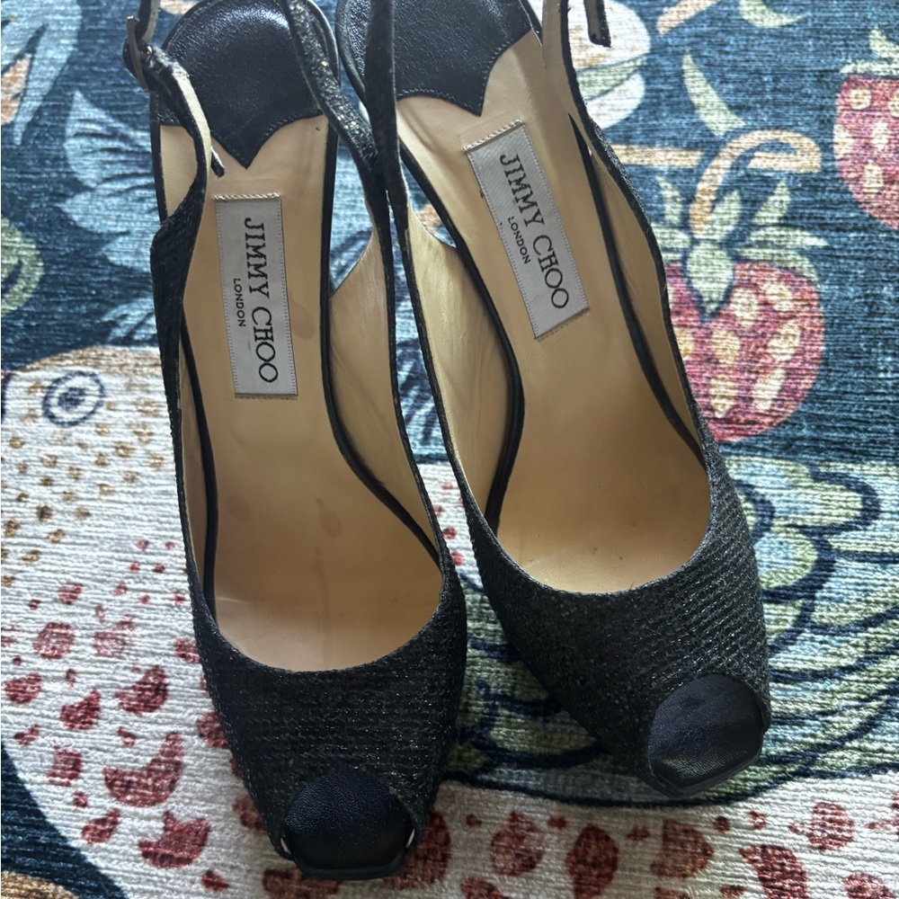 Authentic Jimmy Choo Black Textured Peep Toe Sling Back Heels Size 39.5